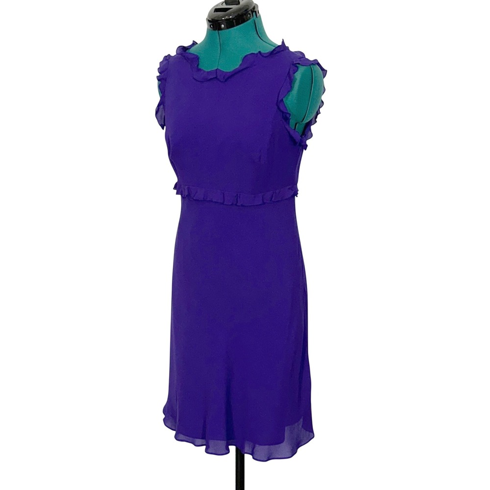 Adrianna Papell Silk Dress Ruffle Trim Sleeveless Small Purple Cocktail Sheath